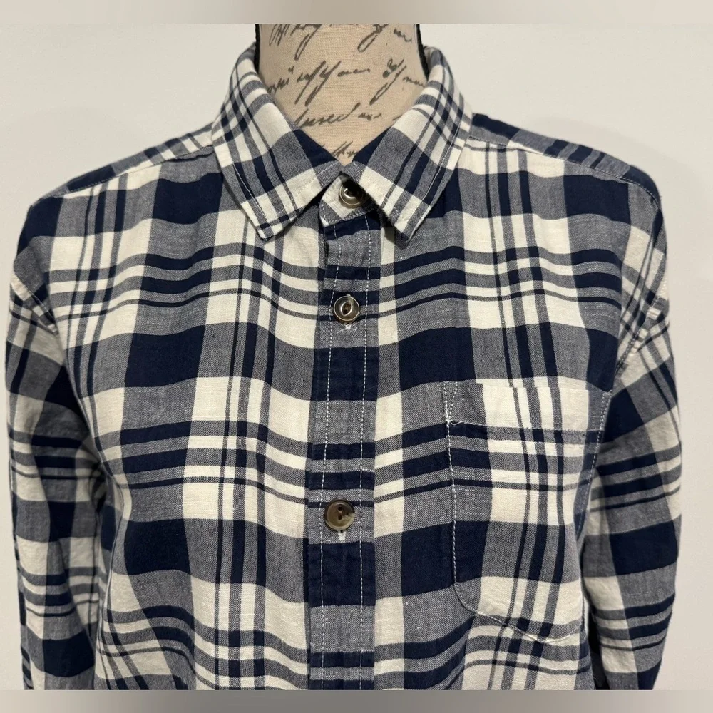 The North Face Plaid Linen Blend Shirt Long Sleeve Blue White Men's Size Large